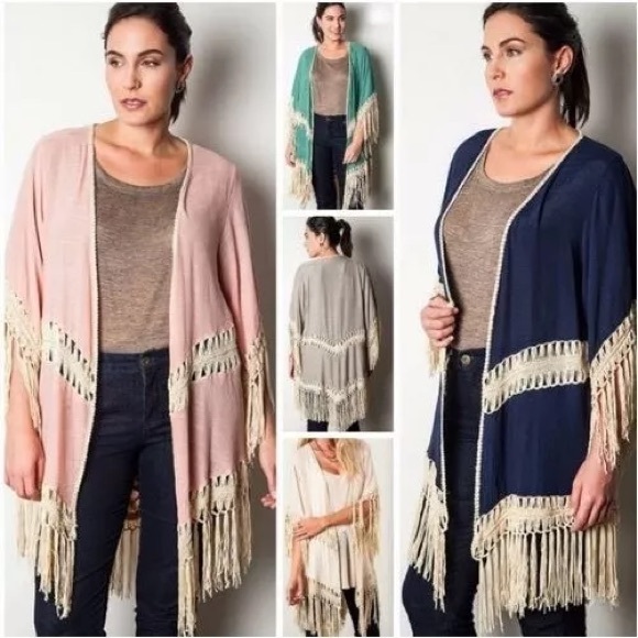 Umgee Tops - Umgee Lightweight Fringe Kimono Duster | Large | Peach | EUC